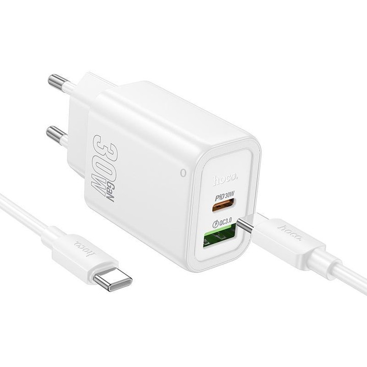 hoco N63 PD30W+QC3.0 Charger Set with 1m Type-C to Type-C Cable, Specification:EU Plug(White)