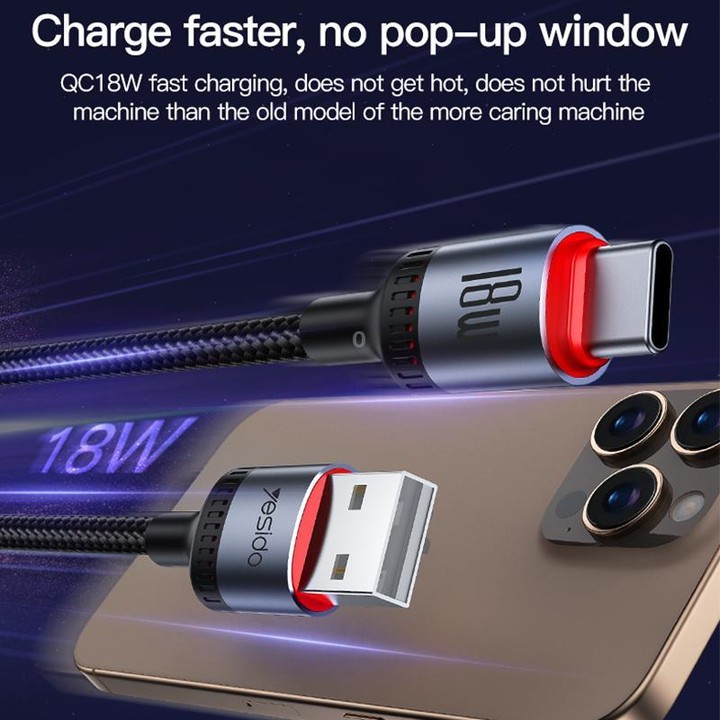Yesido CA129C 18W 3A USB to USB-C / Type-C Charging Data Cable, Length: 1.2m(Black)