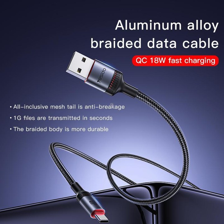 Yesido CA129C 18W 3A USB to USB-C / Type-C Charging Data Cable, Length: 1.2m(Black)