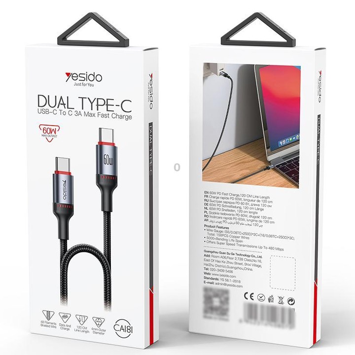 Yesido CA181 PD60W 3A USB-C / Type-C to USB-C / Type-C Charging Data Cable, Length: 1.2m(Black)