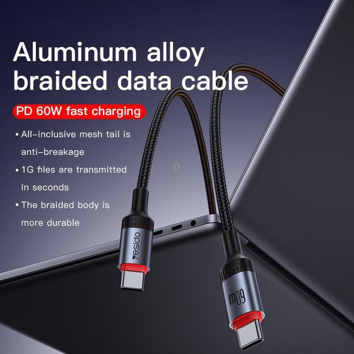 Yesido CA183 PD60W 3A USB-C / Type-C to USB-C / Type-C Charging Data Cable, Length: 2m(Black)