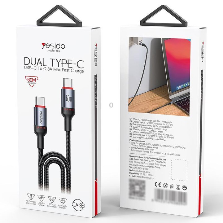 Yesido CA183 PD60W 3A USB-C / Type-C to USB-C / Type-C Charging Data Cable, Length: 2m(Black)