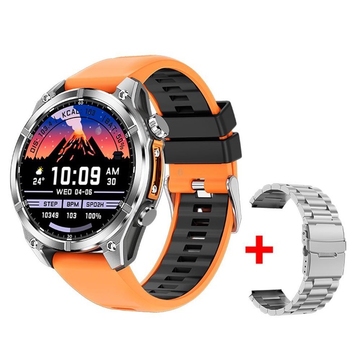 HD300 1.43 inch AMOLED Screen Dual Straps Sports Smart Watch Supports Blood Oxygen Detection(Orange Silicone Strap + Silver Stee