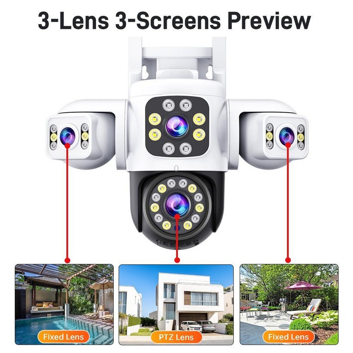 2MP HD 360 Degree Panorama 3 Lens IP66 Waterproof Wireless WiFi Camera, Memory:15 Days Memory Card(US Plug)