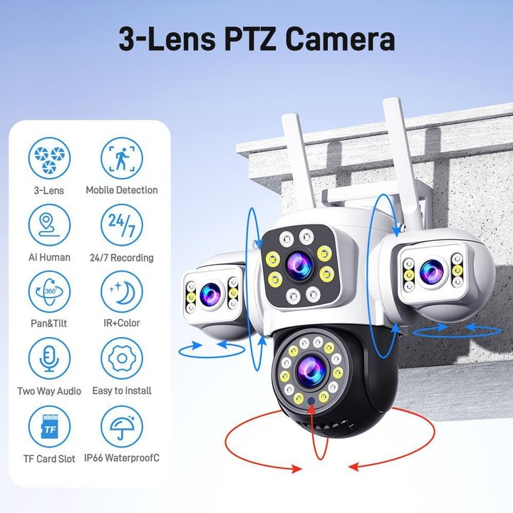 2MP HD 360 Degree Panorama 3 Lens IP66 Waterproof Wireless WiFi Camera, Memory:30 Days Memory Card(US Plug)