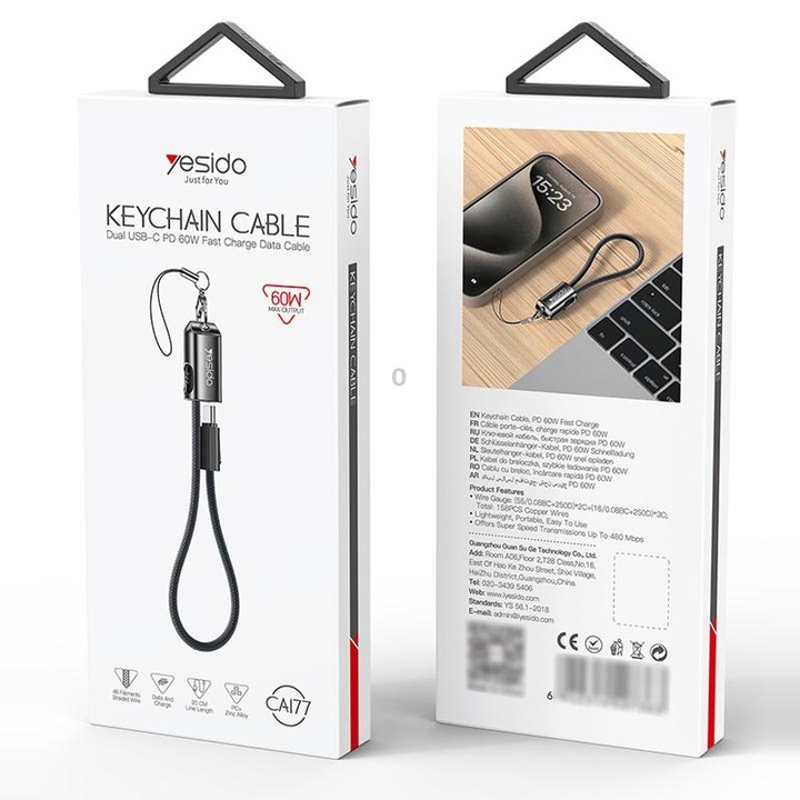 Yesido CA177 Portable Strip PD60W Type-C to Type-C Zinc Alloy Data Cable, Length: 20cm(Black)