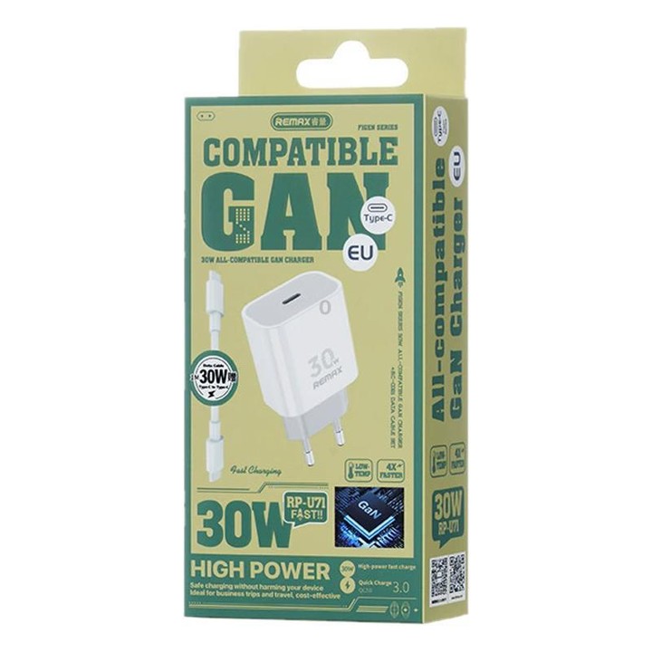 REMAX RP-U71 30W Type-C All-compatible GaN Charger with Data Cable, Plug:EU Plug(White)