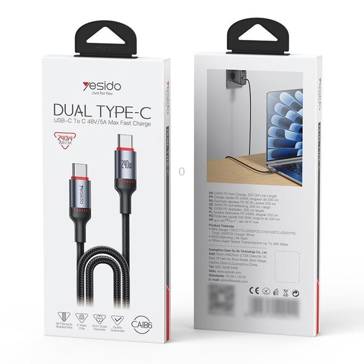 Yesido CA186 240W Type-C to Type-C Aluminum Alloy Data Cable, Length: 2m(Black)