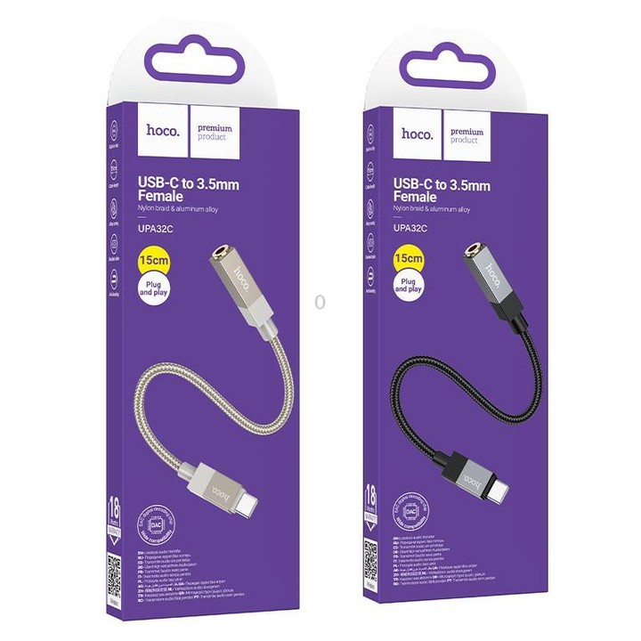 hoco UPA32C USB-C / Type-C to 3.5mm Female Clever Digital Audio Converter, Length:15cm(Black)