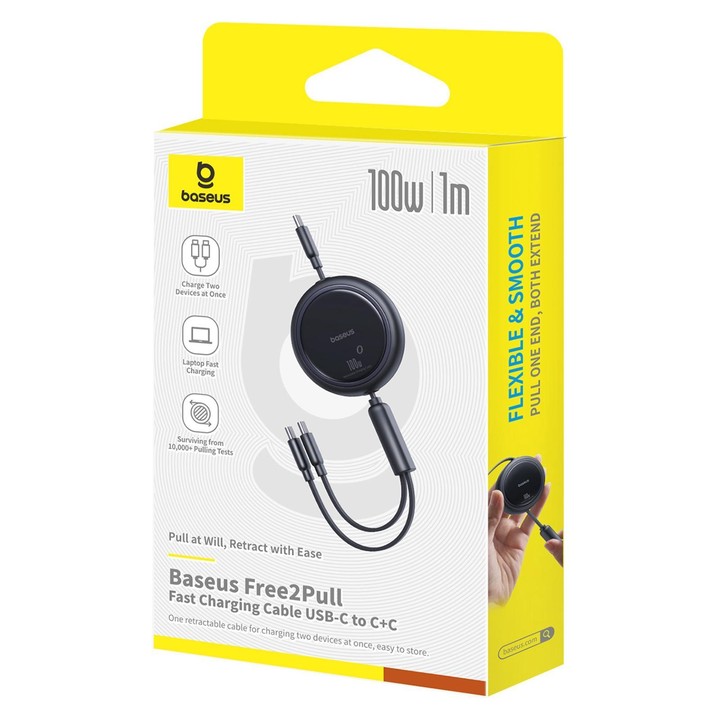 Baseus 2 in 1 Type-C 100W Retractable Charging Cable, Length: 1m(Black)
