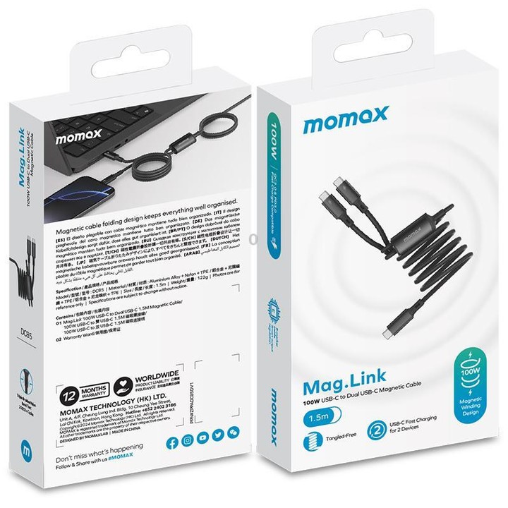 MOMAX DC85D Mag.Link 100W Type-C to Type-C 2 in 1 Magnetic Braided Data Cable, Length:1.5m(Black)
