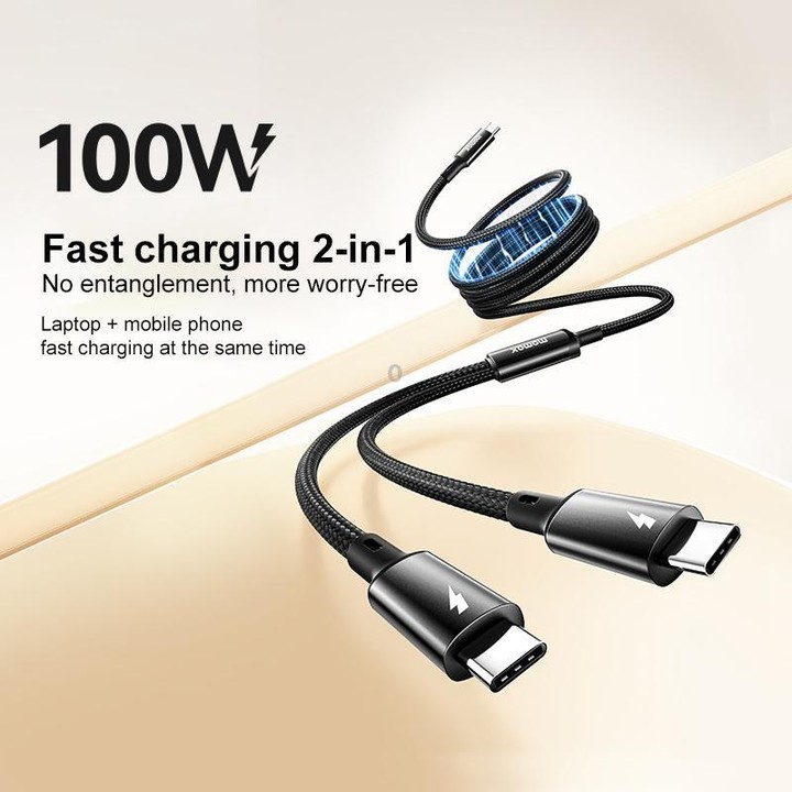 MOMAX DC85D Mag.Link 100W Type-C to Type-C 2 in 1 Magnetic Braided Data Cable, Length:1.5m(Black)