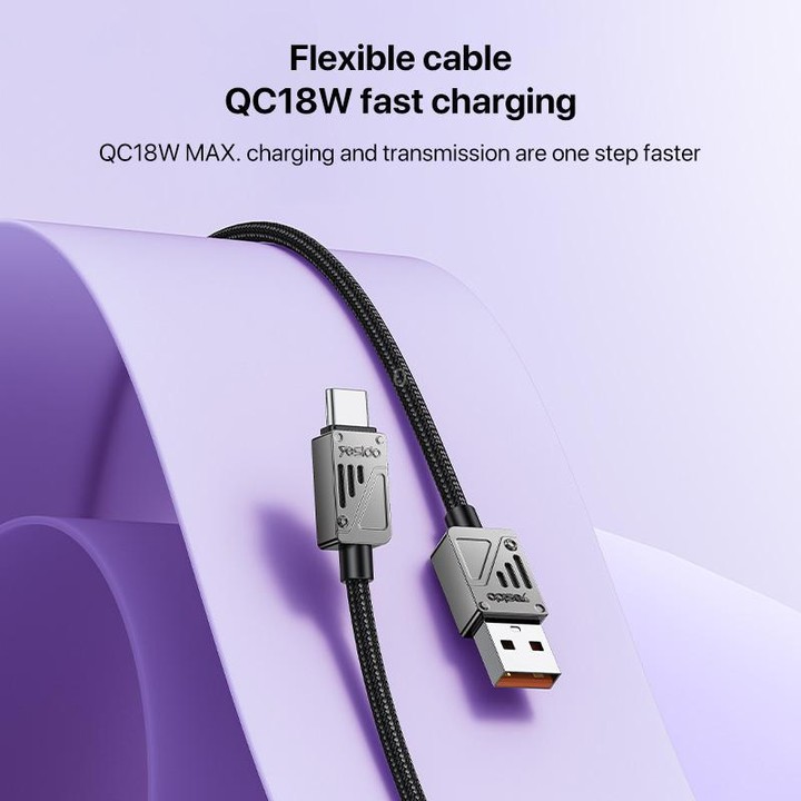 Yesido CA135C 18W 3A USB to USB-C / Type-C Zinc Alloy Data Cable, Length:1.2m(Black)