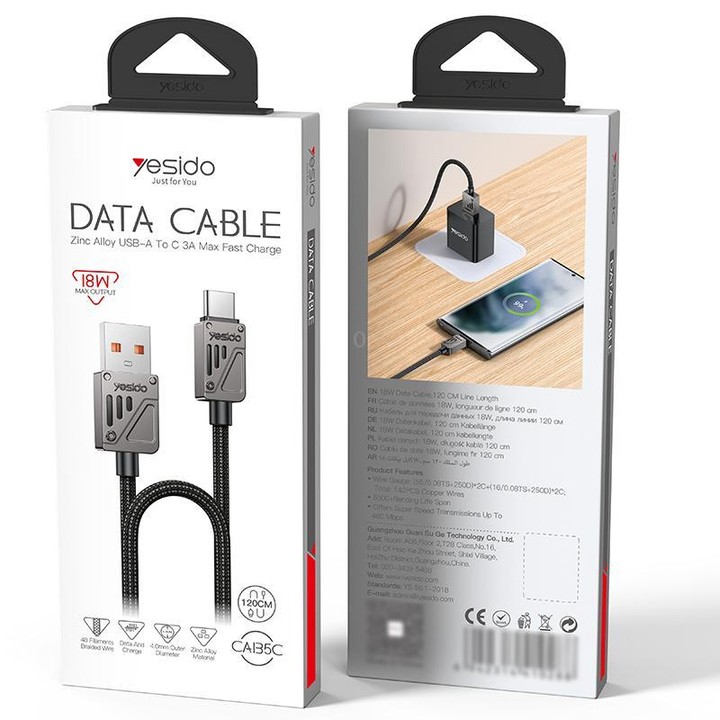 Yesido CA135C 18W 3A USB to USB-C / Type-C Zinc Alloy Data Cable, Length:1.2m(Black)