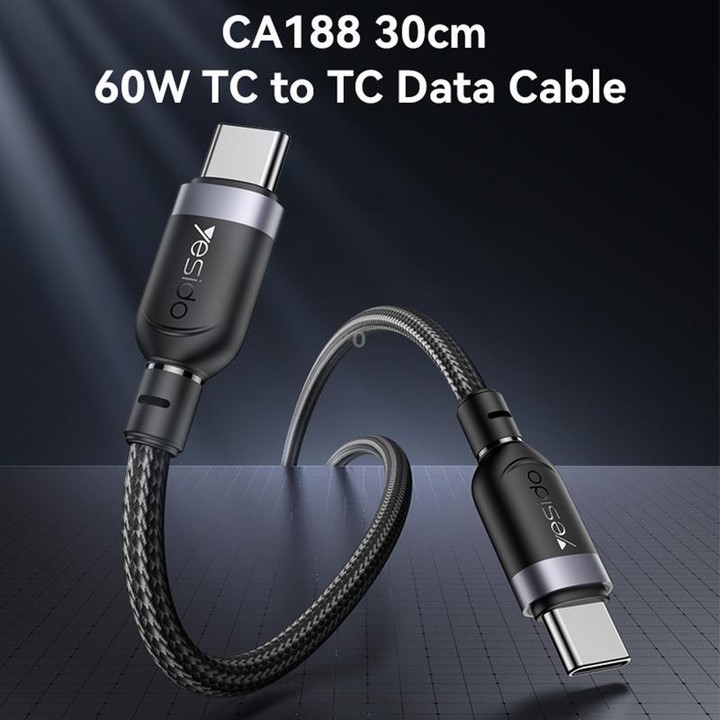 Yesido CA188 60W 3A USB-C / Type-C to Type-C Charging Data Cable, Length:0.3m(Black)