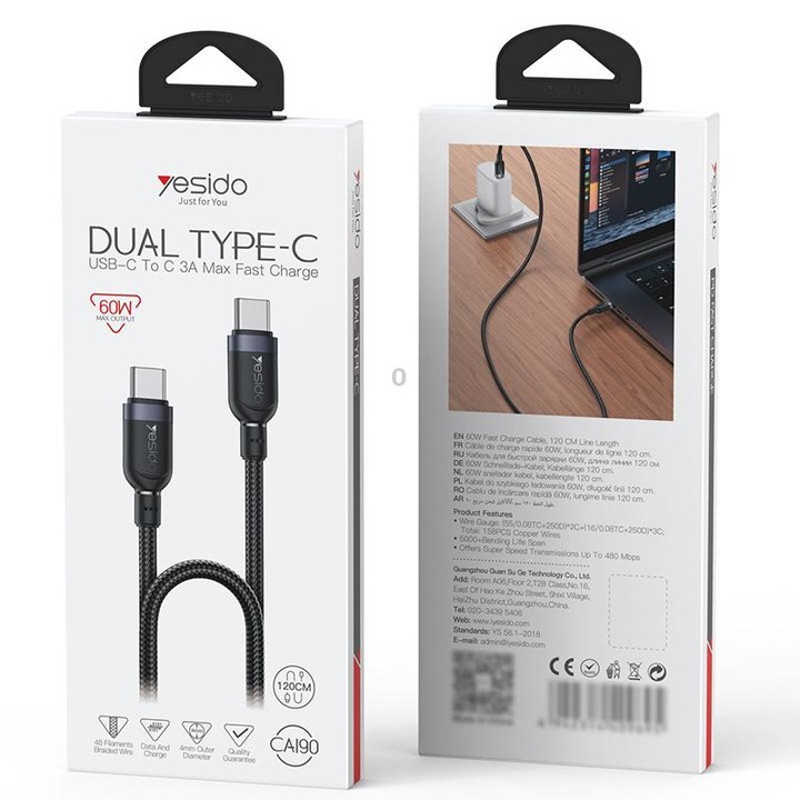 Yesido CA190 60W 3A USB-C / Type-C to Type-C Charging Data Cable, Length:1.2m(Black)