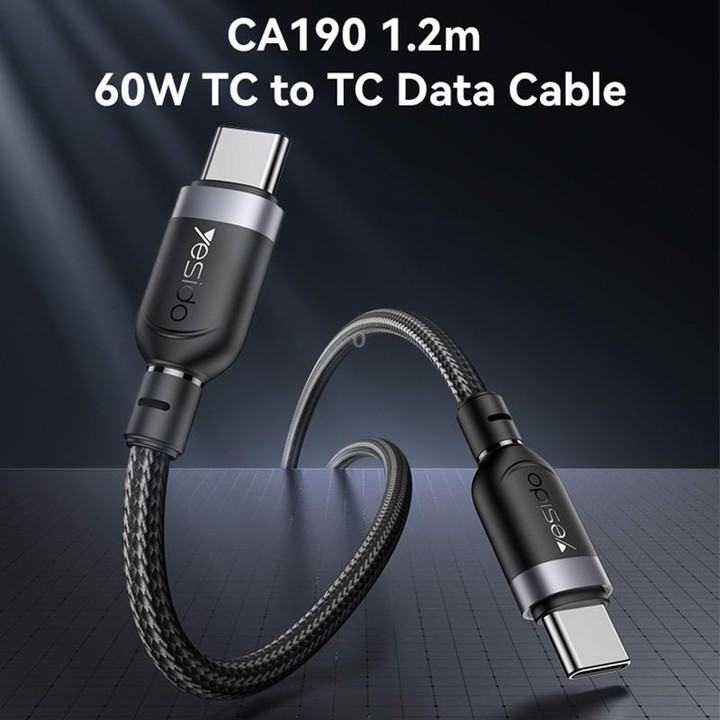 Yesido CA190 60W 3A USB-C / Type-C to Type-C Charging Data Cable, Length:1.2m(Black)