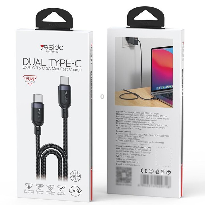 Yesido CA192 60W 3A USB-C / Type-C to Type-C Charging Data Cable, Length:2m(Black)