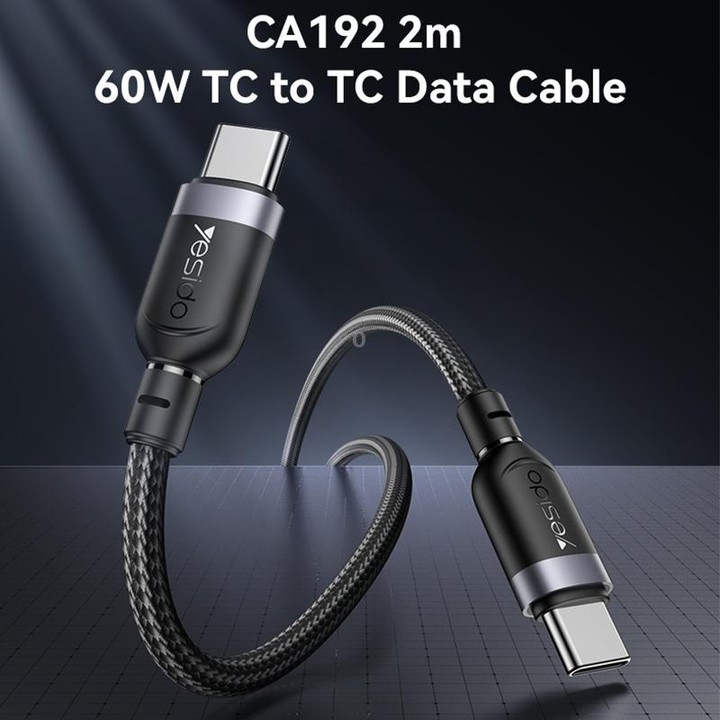 Yesido CA192 60W 3A USB-C / Type-C to Type-C Charging Data Cable, Length:2m(Black)
