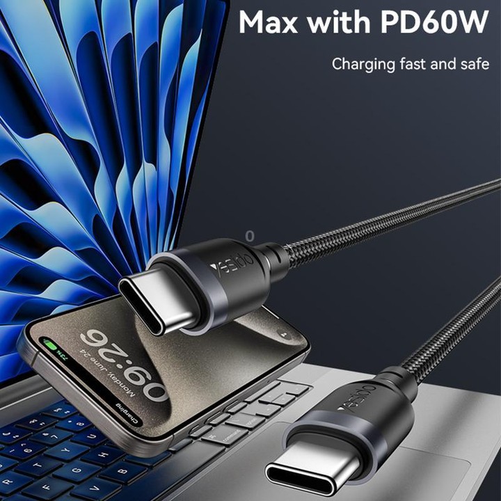 Yesido CA192 60W 3A USB-C / Type-C to Type-C Charging Data Cable, Length:2m(Black)