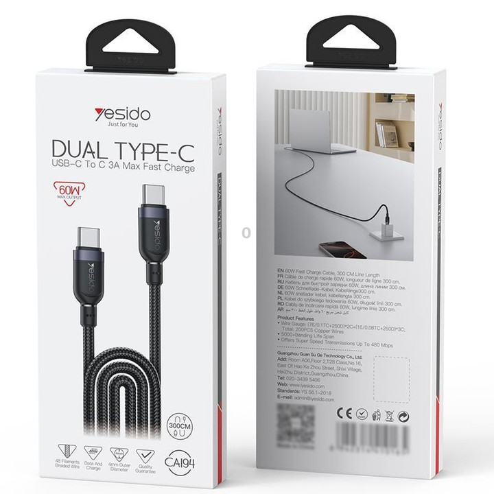 Yesido CA194 60W 3A USB-C / Type-C to Type-C Charging Data Cable, Length:3m(Black)