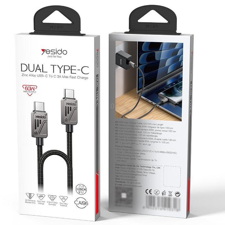 Yesido CA196 60W 3A USB-C / Type-C to Type-C Zinc Alloy Data Cable, Length:1.2m(Black)