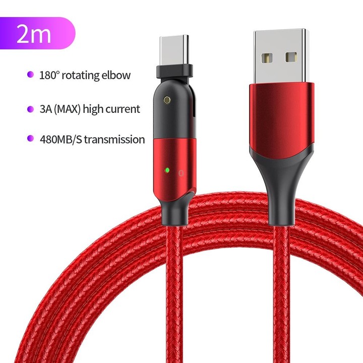 ZFXCT-WYA09 3A USB to USB-C / Type-C 180 Degree Rotating Elbow Charging Cable, Length:2m(Red)