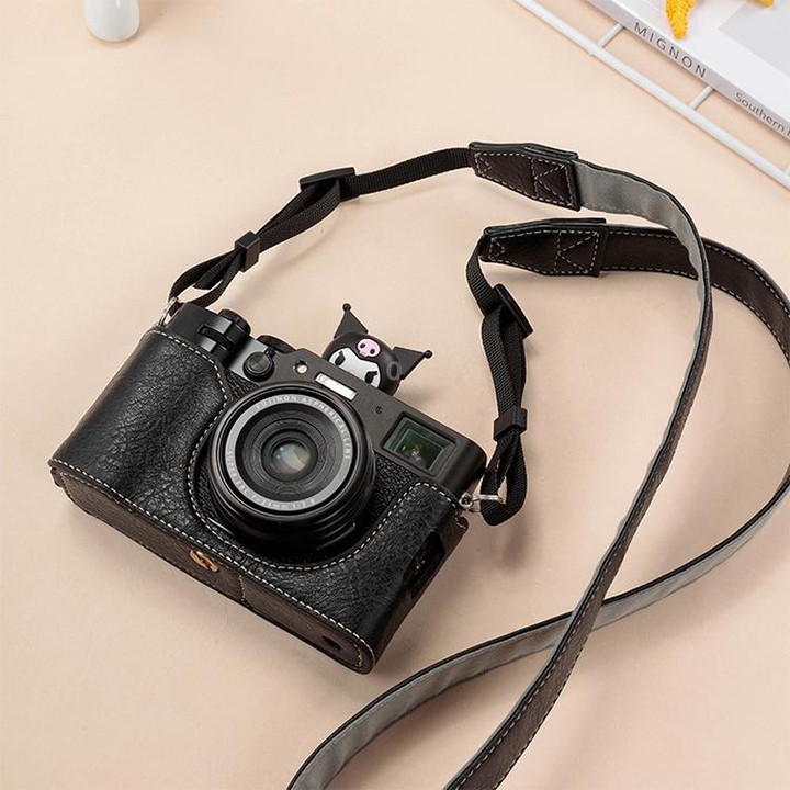 For FUJIFILM X100VI Buffalo Texture PU Leather Camera Half Case Base with Shoulder Strap(Black)
