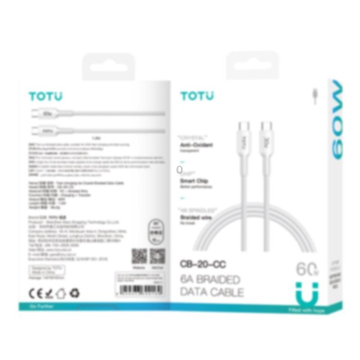 TOTU CB-20-CC 60W USB-C / Type-C to Type-C Crystals Braided Data Cable, Length:1.2m(White)