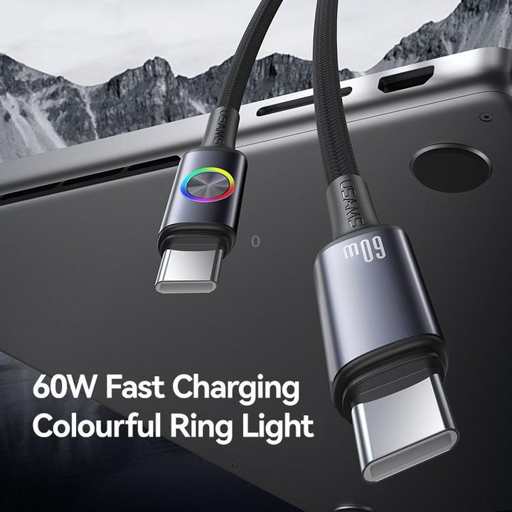 USAMS SJ752 60W Type-C to Type-C Aluminum Alloy Data Cable with Colorful Light, Length: 1.2m(Gold)