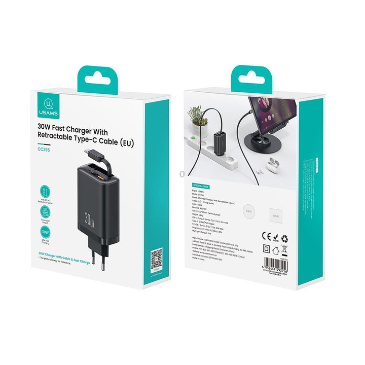 USAMS CC296 30W Fast Charger With Retractable USB-C / Type-C Cable, EU Plug(Black)