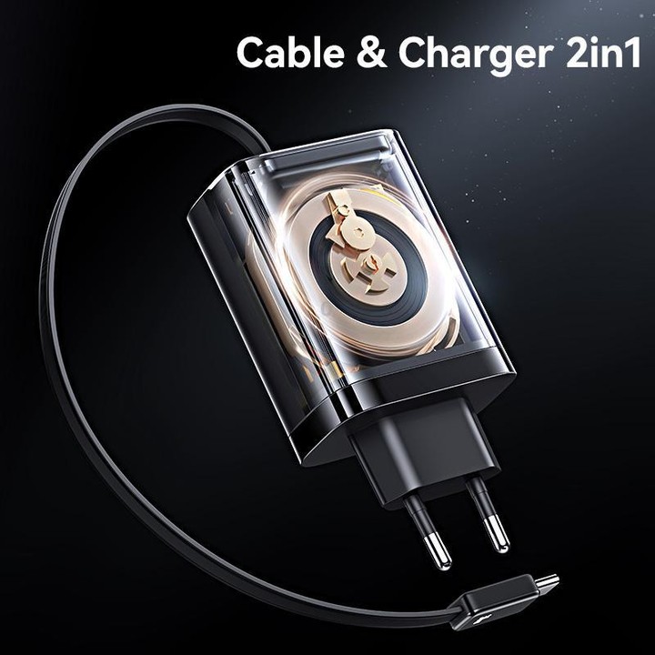 USAMS CC296 30W Fast Charger With Retractable USB-C / Type-C Cable, EU Plug(Black)