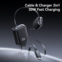 USAMS CC296 30W Fast Charger With Retractable USB-C / Type-C Cable, EU Plug(Black)