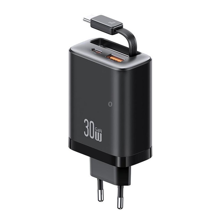USAMS CC296 30W Fast Charger With Retractable USB-C / Type-C Cable, EU Plug(Black)
