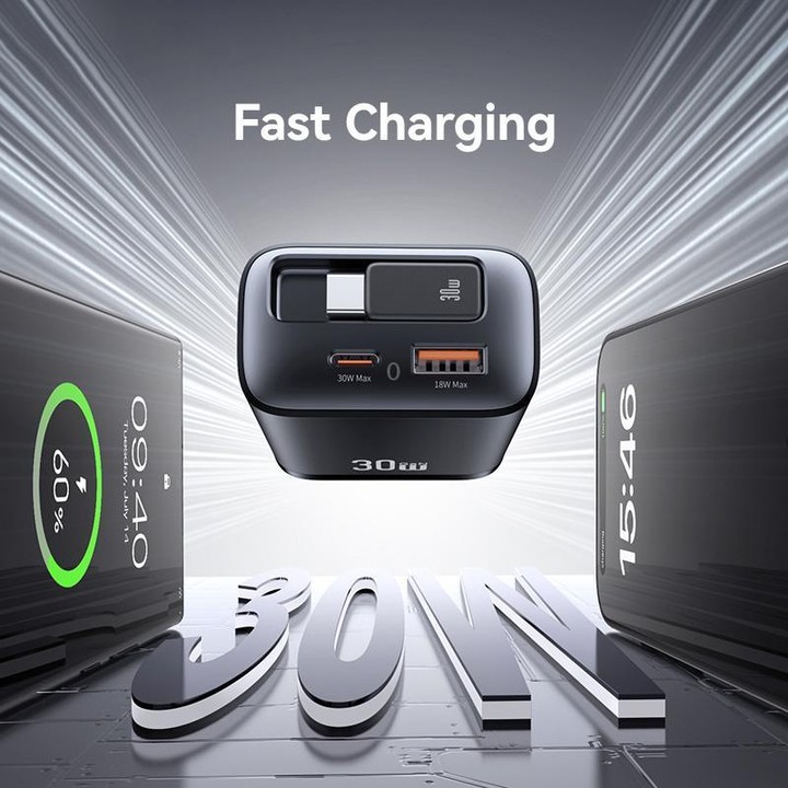 USAMS CC296 30W Fast Charger With Retractable USB-C / Type-C Cable, EU Plug(White)