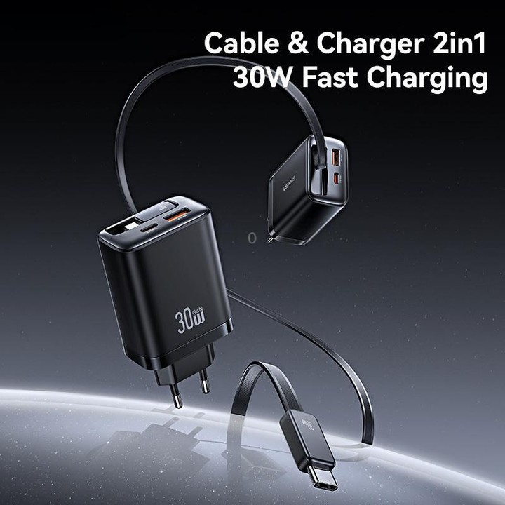 USAMS CC296 30W Fast Charger With Retractable USB-C / Type-C Cable, EU Plug(White)