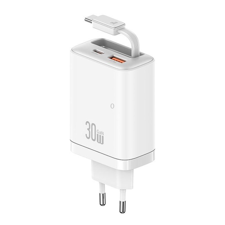USAMS CC296 30W Fast Charger With Retractable USB-C / Type-C Cable, EU Plug(White)