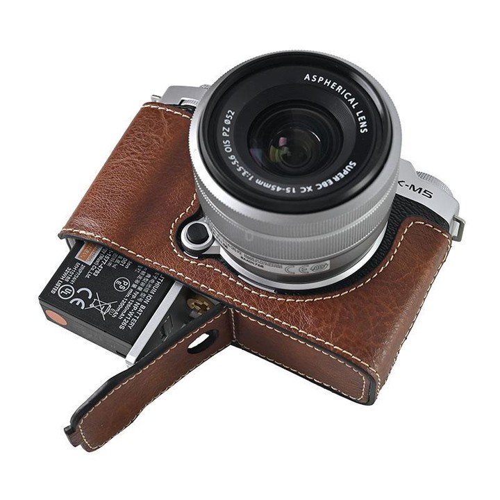 For FUJIFILM X-M5 Litchi Texture PU Leather Camera Half Case Base(Coffee)