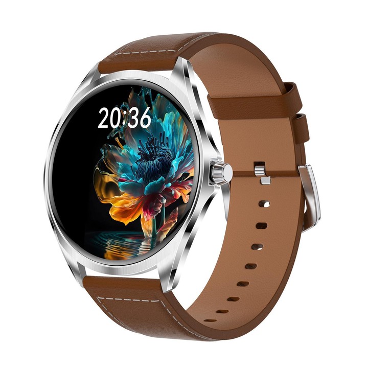 H78 1.43 inch AMOLED Screen Health & Fitness Smart Watch IP67 Waterproof Support BT Call(Silver Shell Brown Leather)