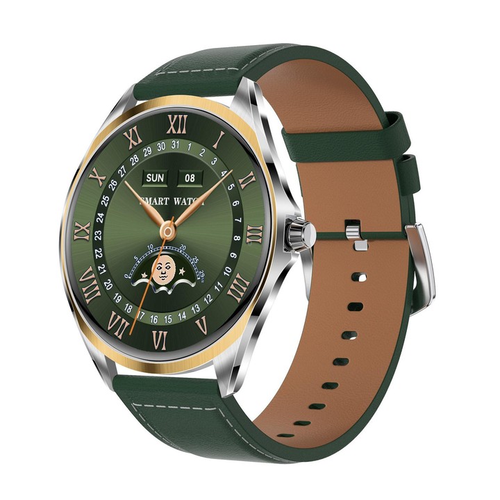 H78 1.43 inch AMOLED Screen Health & Fitness Smart Watch IP67 Waterproof Support BT Call(Gold Shell Green Leather)