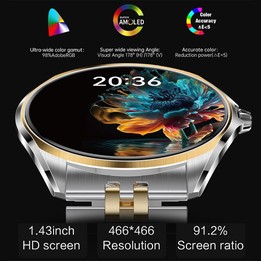 H78 1.43 inch AMOLED Screen Health & Fitness Smart Watch IP67 Waterproof Support BT Call(Gold Shell Blue Leather)