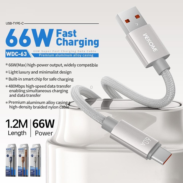 WK WDC-63a 66W USB to Type-C Fast Charging Data Cable, Length: 1.2m(Black)