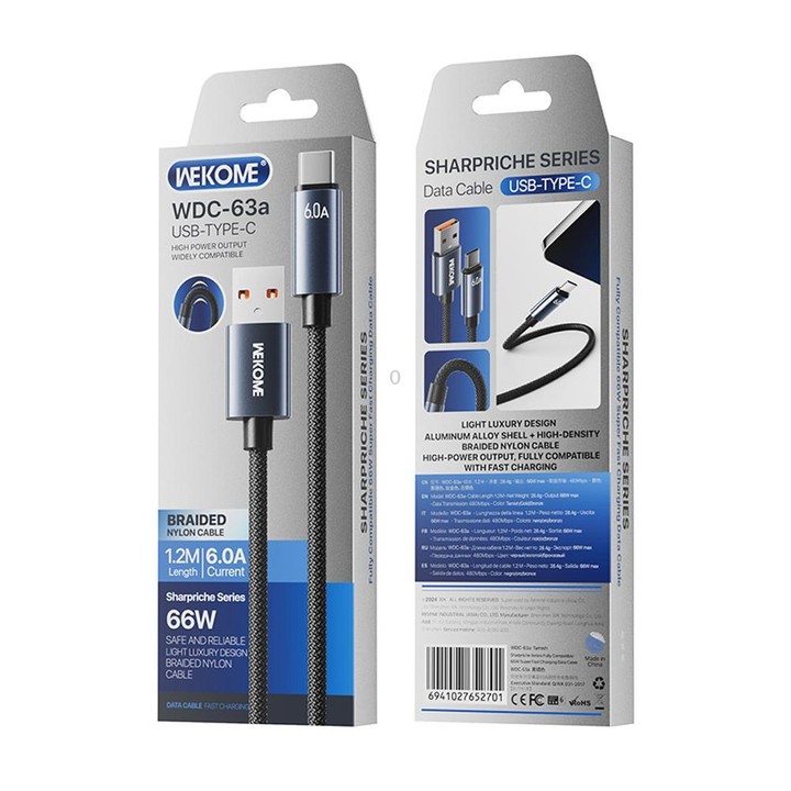WK WDC-63a 66W USB to Type-C Fast Charging Data Cable, Length: 1.2m(Black)