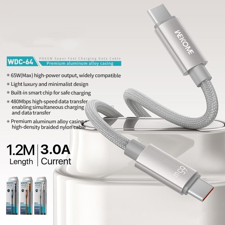 WK WDC-64 PD65W Type-C to Type-C Fast Charging Data Cable, Length: 1.2m(Brown)