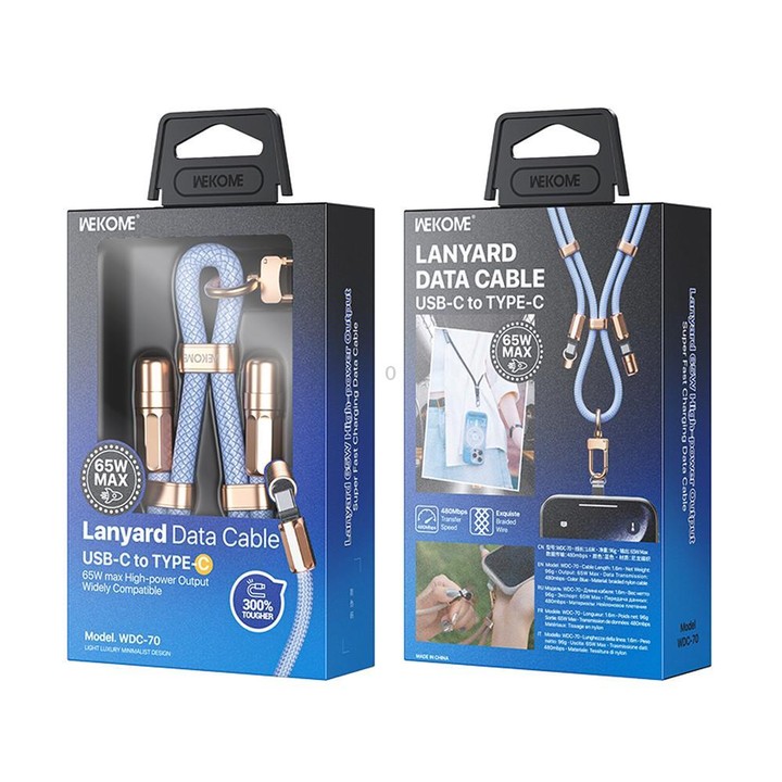 WK WDC-70 65W Type-C to Type-C Phone Lanyard Data Cable, Length: 1.6m(Blue)