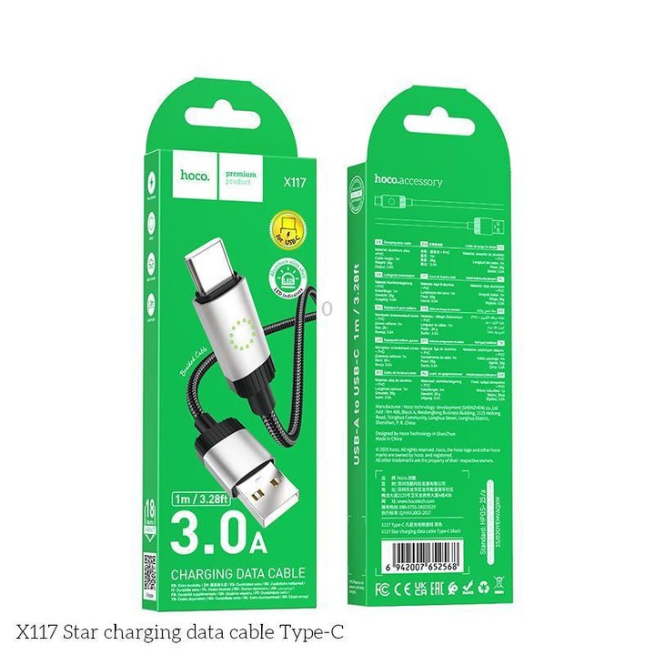 hoco X117 1m Star Fast Charging Data Cable, Interface:USB to Type-C(Black)