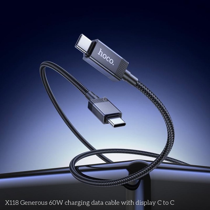 hoco X118 Generous 1m 60W Fast Charging Data Cable with Display, Interface:Type-C to Type-C(Black)