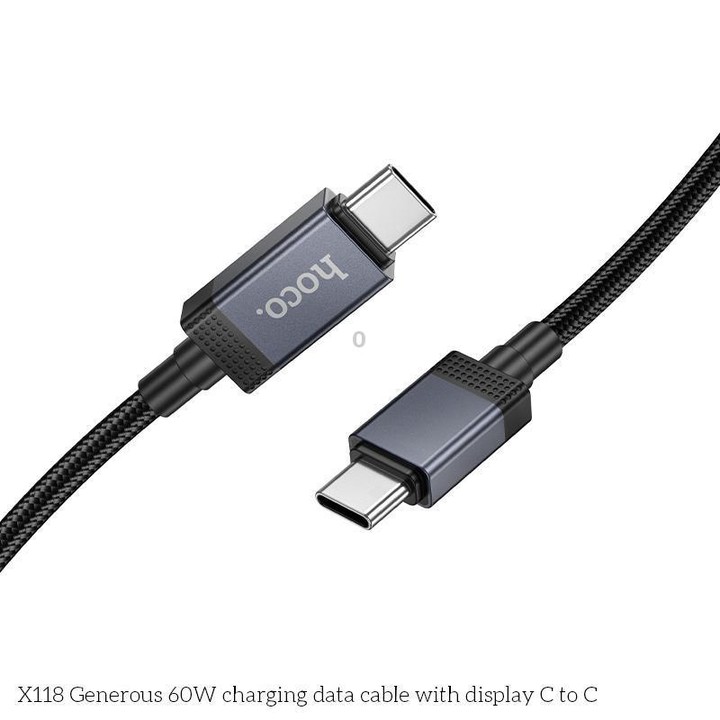 hoco X118 Generous 1m 60W Fast Charging Data Cable with Display, Interface:Type-C to Type-C(Black)