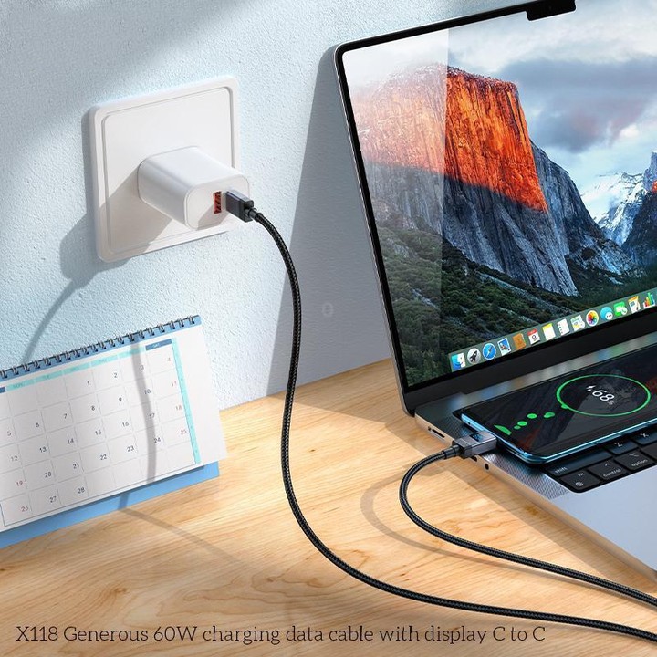 hoco X118 Generous 1m 60W Fast Charging Data Cable with Display, Interface:Type-C to Type-C(Black)