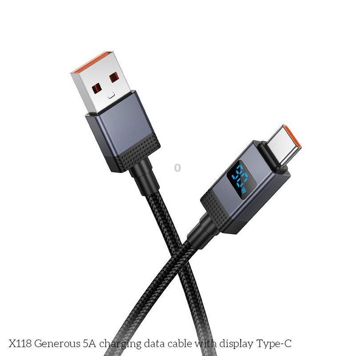 hoco X118 Generous 1m 5A Fast Charging Data Cable with Display, Interface:USB to Type-C(Black)